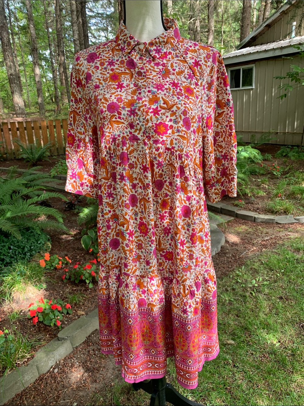 NATURAL LIFE Pink, Orange & Cream Floral Tiered Midi Dress